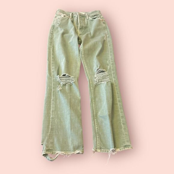 Mother Superior Jeans Women 24 Green Denim 5 Pocket Flat Front Distressed Raw - Picture 1 of 9